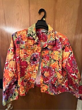 Chico's Bright Multi-Color Abstract Print Jean Jacket